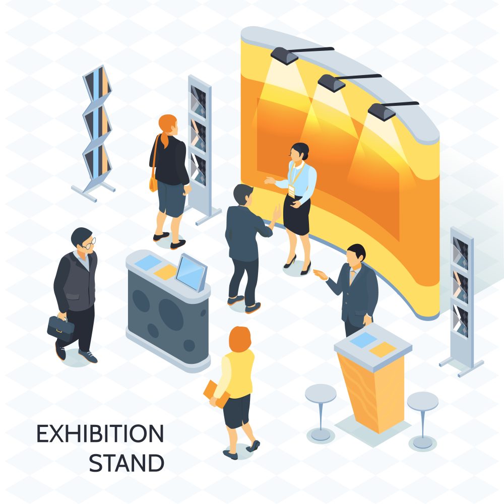 An exhibition stand showcasing displays and products with several people interacting and discussing. The booth includes a curved backdrop, counters, stools, information racks, and expertly crafted exhibition signage design for clear communication and engagement.