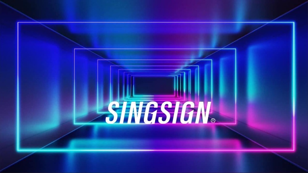 A futuristic, neon-lit tunnel stretches into the distance with "SINGSIGN" in bold white text at the center. The image, featuring vibrant blue and purple hues, evokes the sleek aesthetic of custom business signs designed to captivate any audience.